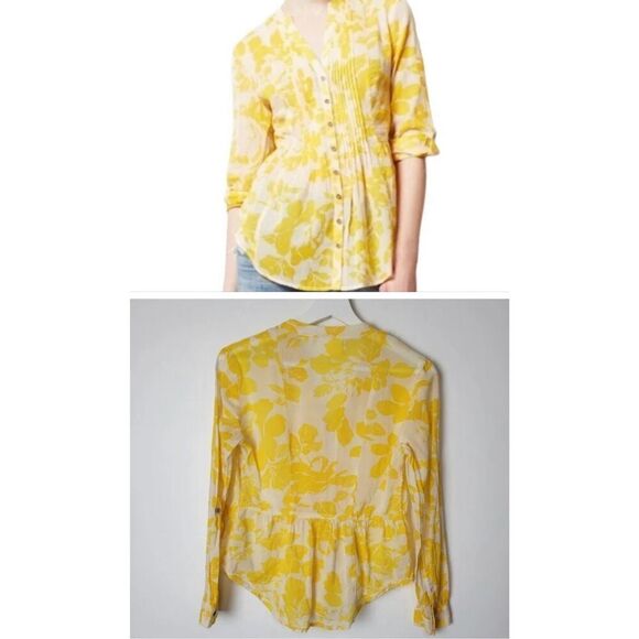 Anthropologie Maeve Yellow Floral Pintuck Peplum Blouse Size 4 - Picture 1 of 8